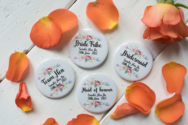 Custom Badges, Magnets, Keyrings or Mirrors for Hen Do - Floral Arrow