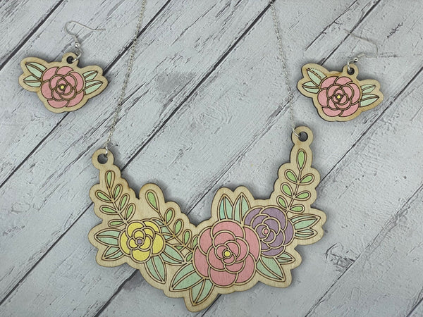 Hand Painted Wooden Floral Necklace and Earrings Set