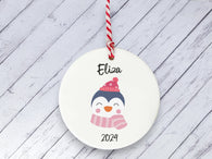 Ceramic Circle Decoration - Child's name personalised penguin