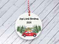 Ceramic Circle Decoration - baby's first Xmas personalised red car