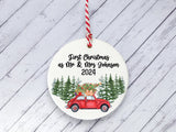 Ceramic Circle Decoration - first Xmas as Mr & Mrs personalised red car