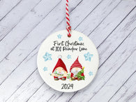 Ceramic Circle Decoration - Xmas gnome & snowflakes personalised first xmas in our new home