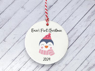 Ceramic Circle Decoration - Baby's first Xmas penguin personalised