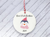 Ceramic Circle Decoration - Baby's first Xmas penguin personalised