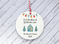 Ceramic Circle Decoration - teal house first Xmas at address personalised