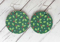 Wooden Earrings - Xmas Green Holly Design