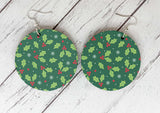 Wooden Earrings - Xmas Green Holly Design