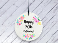 70th Birthday Gift - Floral Ceramic circle
