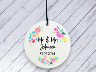 Engagement gift -  Mr & Mrs Floral Personalised Ceramic circle