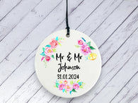 Engagement gift - Mr & Mr Personalised Floral Ceramic circle