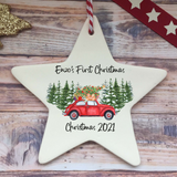 a personalized christmas ornament with a red car