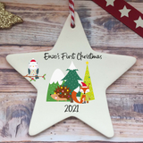 a ceramic star ornament with a christmas scene on it