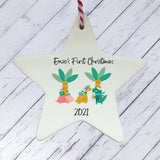 a ceramic star ornament with a christmas scene on it