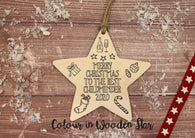Wooden Colour In Doodle Star Ornament or magnet - Merry Xmas to the best Childminder