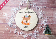 Wooden Circle Decoration - baby's first xmas deer