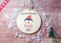 Wooden Circle Decoration - Baby's first xmas penguin
