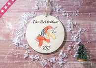 Wooden Circle Decoration - baby's first xmas unicorn