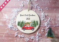 Wooden Circle Decoration - baby's first xmas red car