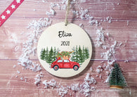 Wooden Circle Decoration - child's name red car
