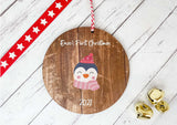 Dark Wood Circle Decoration - baby's first xmas penguin