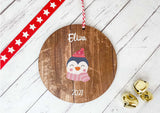 Dark Wood Circle Decoration - child's name penguin