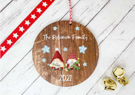 Dark Wood Circle Decoration - Xmas gnome & snowflakes family personalised