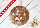 Dark Wood Circle Decoration - Xmas gnome & snowflakes child's name