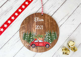 Dark Wood Circle Decoration - child's name red car