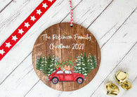 Dark Wood Circle Decoration - family personalised red car
