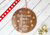 Dark Wood Circle Decoration - white snowflakes family personalised