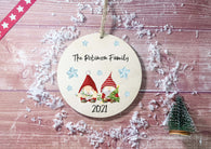 Wooden Circle Decoration - Xmas gnome & snowflakes family personalised