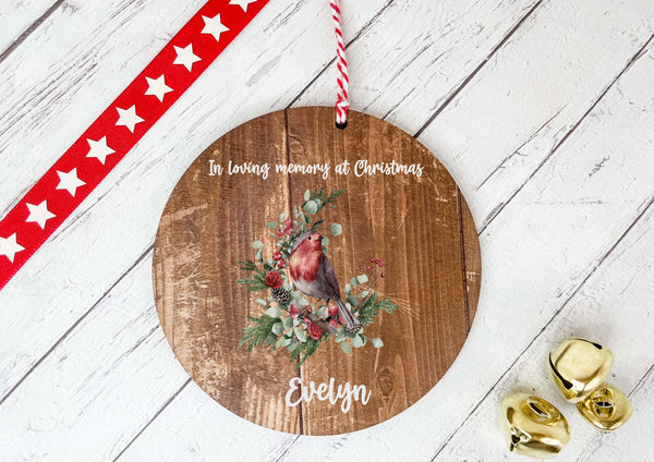 Wooden Circle Decoration - Rememberance Robin Personalised - Dark Wood