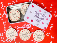 Wooden date night tokens with printed tin