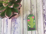 Wooden Keyring - Cactus Succulent Green Geometric Pink Flowers