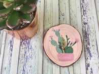 Cactus Succulent Printed Natural Log Slice - Pink Pot
