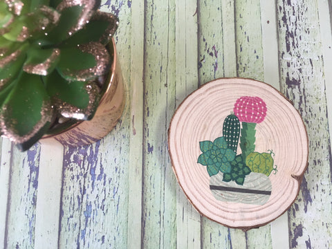 Cactus Succulent Printed Natural Log Slice - Blue Pot