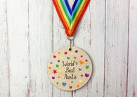 World's Best Auntie printed wooden medal