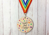 World's Best Teacher printed wooden medal