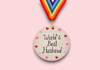 a wooden medal with a ribbon around it