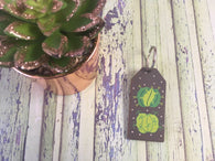 Wooden Keyring - Cactus Succulent Green Geometric Grey