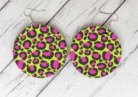 Wooden Earrings - Pink & Green Leopard Print
