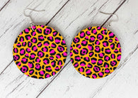 Wooden Earrings - Orange & Pink leopard print